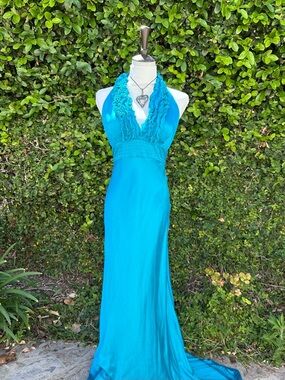 ✨Vintage Cache Turquoise Halter Maxi Dress
